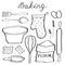 Baking set. Hand-drawn cartoon utensils and ingridients. Doodle drawing.