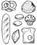 Baking set. Loaf and bread, sweet rolls. White sweet bread pastries. Ready dish. Food delicious. Hand drawing outline
