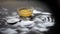 Baking soda face mask in a glass bowl on wooden surface along with baking soda powder and honey for Dark lips. Horizontal shot.