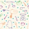 Baking tools equipment colorful line art doodles seamless pattern on cream paper background