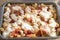 Baking tray of baked pasta