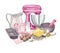 Baking watercolor set with kitchen utensils, mixer, chocolate, potholders, spoon, clay jag, whisk on white background