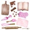 Baking watercolor set with kitchen utensils, mixer, chocolate, potholders, spoon, clay jag, whisk on white background