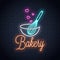 Baking with wire whisk neon sign. Bakery neon banner on wall background