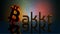 BAKKT word with bitcoin symbol with reflection on dark digital background.