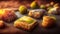 Baklava. Ramadan Dessert. Traditional Arabic dessert with nuts and honey, cup of tea on a concrete table. Top view, copy