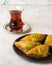 BAKLAVA or SOBIYET. Traditional Turkish Desserts Baklava with Turkish Tea