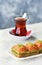 BAKLAVA. Traditional Turkish Desserts Baklava with Turkish Tea.