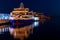 Baku Azerbaijan - 16 June, 2019. Modern cruise liner in the harbor at night. caspian sea alongside Baku Boulevard