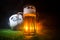 BAKU,AZERBAIJAN - JUNE 23, 2018 : Official Russia 2018 World Cup football ball The Adidas Telstar 18 and single beer glass on gree