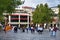 Baku, Azerbaijan, September, 12, 2019. People walking near McDonald`s restaurant on Fountain square in early autumn