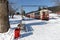 Bakuriani, Georgia, 14 January 2019: Narrow-gauge railway Borjomiâ€“Bakuriani, people stand at train cars railway `Kukushka`