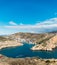 Balaklava bay in Crimea, mountain cliffs and sea port with ships. Beautiful nature panorama landscape, town among hills