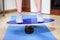 Balance board, close up view with athlete feet, rubber mat
