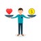 Balance between heart and money. Man balances heart love and money on scale concept. Vector color flat illustration