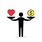 Balance between heart and money. Man balances heart love and money on scale concept. Vector color illustration