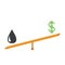 Balance between oil and dollar value. Dollar sign and oil drop on scale board. Seesaw icon. Business infographic. White background