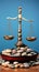 A balance scale sitting on top of a pile of rocks. AI.