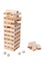 Balance tower. Score. The classic tower game. Jenga. The material is wood. Educational toy Montessori. White background. Close-up