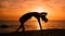 Balance, yoga and silhouette of woman on beach at sunrise for exercise, training and pilates workout. Fitness
