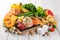 Balanced diet concept - fresh meat, fish, pasta, fruits and vegetables, nuts, seeds