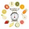 Balanced diet concept. weight scales with fruits and vegetables