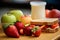 Balanced and nutritious school lunch, featuring colorful fruits, vegetables, sandwiches, and a carton of milk, promoting healthy