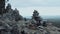 Balanced Rock Stones Stacked on Top of Each Other in the Mountain Valley. Hierarchy and Balance. Pyramid of Stones on