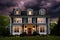 balanced windows of a colonial home under moody clouds