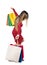 Balancing woman with shopping bags. Leaning girl with shopping b