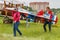 Balashikha, Moscow region, Russia - May 25, 2019: Members of RusJet team Vitaly Robertus and Pavel Lapshov with RC model of soviet