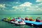 Balatonfured, June 02 2018, Children pedal boats moored at marina on the Balaton Lake