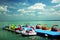 Balatonfured, June 02 2018. Children pedal boats moored at marina on the Balaton Lake