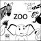 Balck and white poster for zoo, different cartoon wild happy animals are located around the space for text, isolated on white