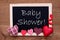 Balckboard With Red Heart Decoration, Text Baby Shower, Wooden Background
