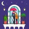 Balcony with couple standing on it embraced with umbrella in rain vector illustration.