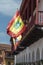 Balcony and flags, Plaza de la Aduana, old town Cartagena Colombia