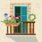 Balcony flowers. House facade window and decorative plants pots grow windowsill funny spring sunlight home appartment