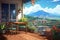 Balcony landscape anime visual novel game. Generate Ai