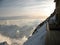 Balcony of the mountain hut on top of Signalkuppe with a great view of the Alps around Zermatt in the Monte Rosa range in Switzerl