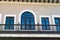 balcony railings on arch window. balcony railings facade. balcony railings outdoor.