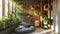 a balcony transformed into a haven for cats, featuring wooden climbing trees, plush gray beds, bamboo tree houses, and