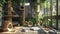 a balcony transformed into a haven for cats, featuring wooden climbing trees, plush gray beds, bamboo tree houses, and