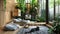 a balcony transformed into a haven for cats, featuring wooden climbing trees, plush gray beds, bamboo tree houses, and