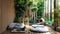 a balcony transformed into a haven for cats, featuring wooden climbing trees, plush gray beds, bamboo tree houses, and