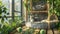 a balcony transformed into a haven for cats, featuring wooden climbing trees, plush gray beds, bamboo tree houses, and