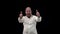 Bald bearded man in white shirt laughs at camera, shows his fingers. A businessman in crumpled shirt is crazy and pokes