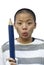 Bald chinese teen with big pencil