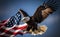 Bald eagle with American flag flies in freedom, blurred blue sky background in morning, generative AI