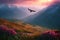 Bald eagle flying and gliding slowly and majestic on the sky over high mountains. Concept of wildlife and pure nature